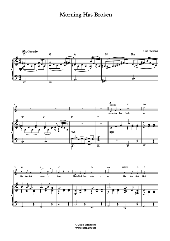Free sheet music Traditional Easy version Morning has Broken