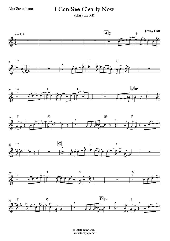 Partition Saxophone I Can See Clearly Now (niveau facile, sax alto) (Cliff)