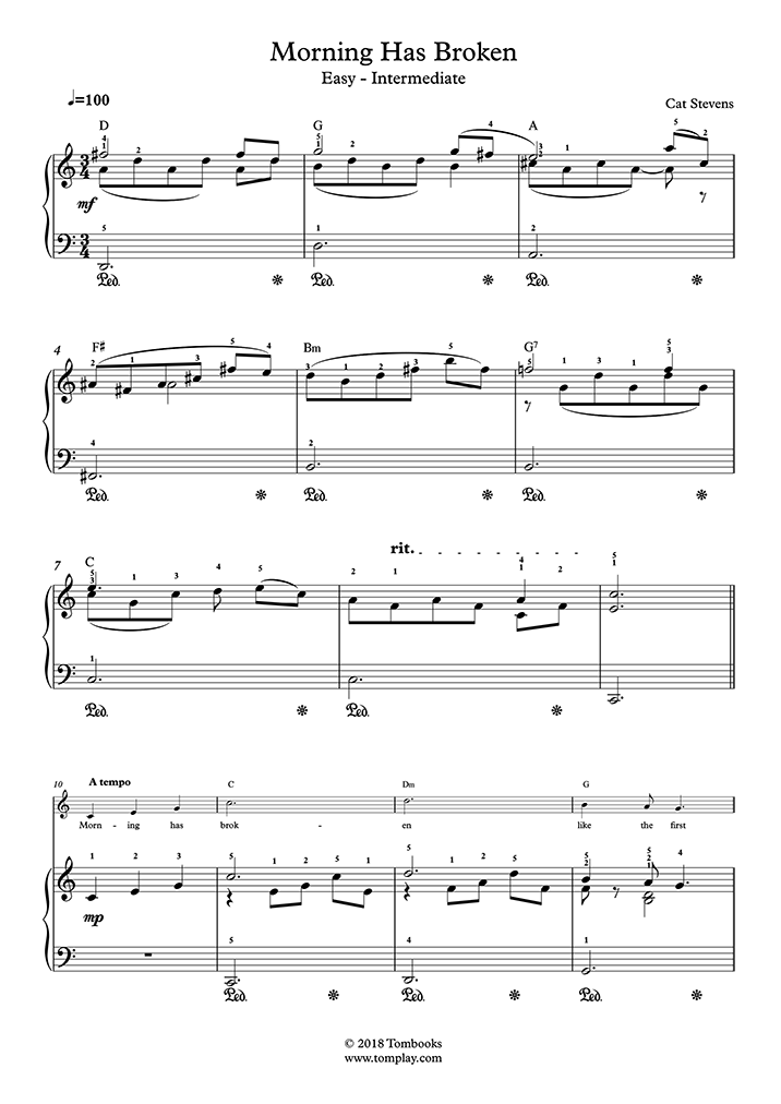 Piano Sheet Music Morning Has Broken (Easy/Intermediate Level, with
