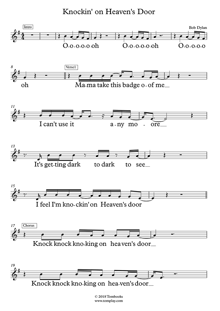 SängerMusiknoten Knockin' on Heaven's Door (Bob Dylan)