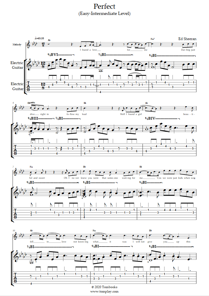 Guitar Tabs and sheet music Perfect (Easy/Intermediate Level, Solo