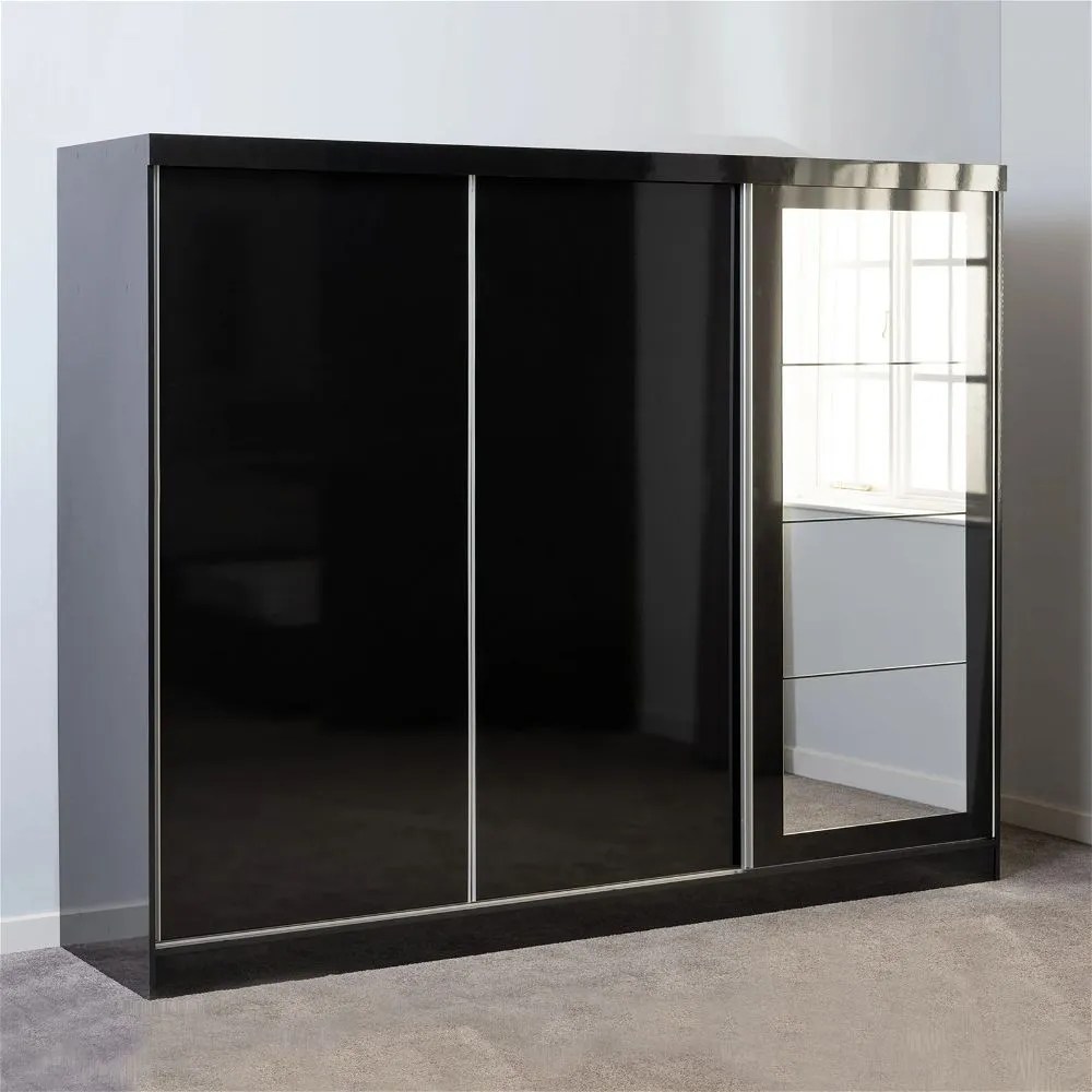 3 Door Sliding Wardrobe Black Gloss Furniture Bazar