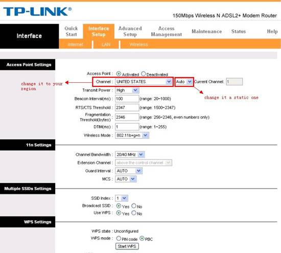 How to change wireless channel on my TPLink wireless ADSL2+ modem
