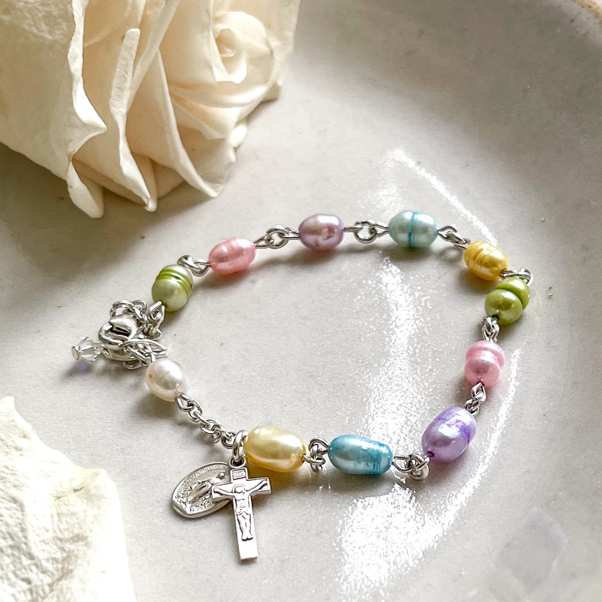 Genuine Freshwater MultiColored Pearl Sterling Silver Rosary Bracelet