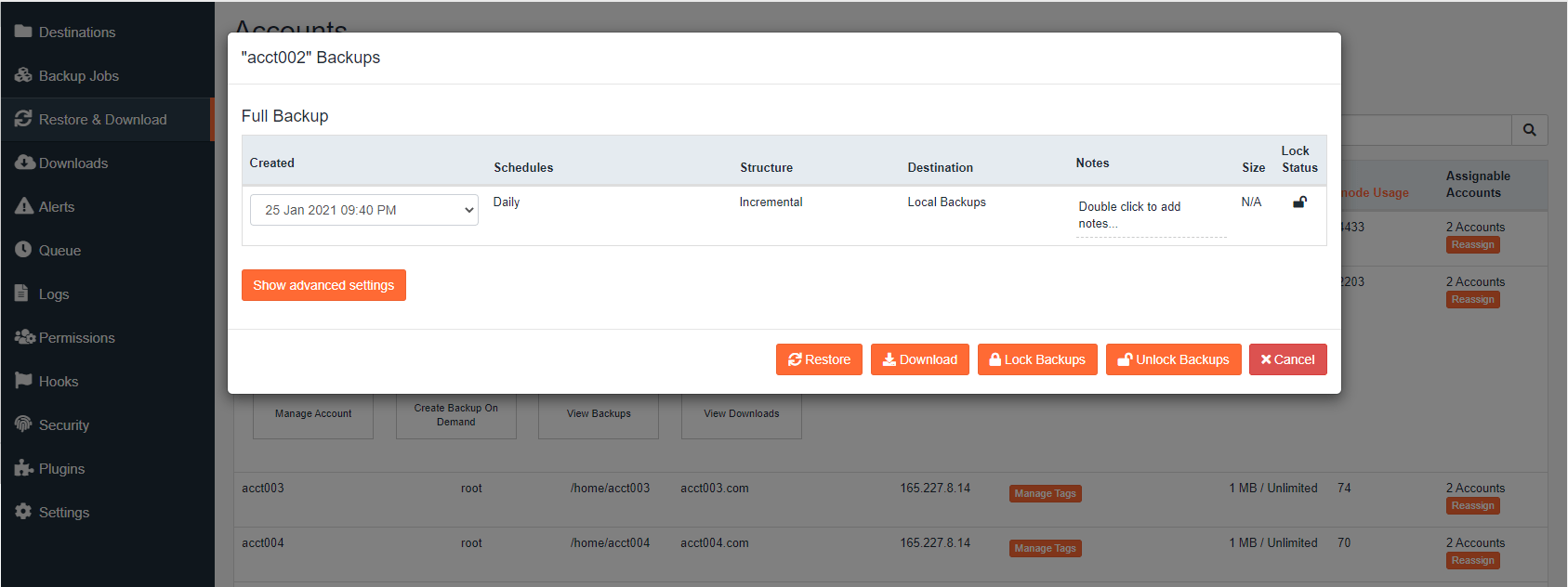 Select restore date and time from Restore Download panel on right in
