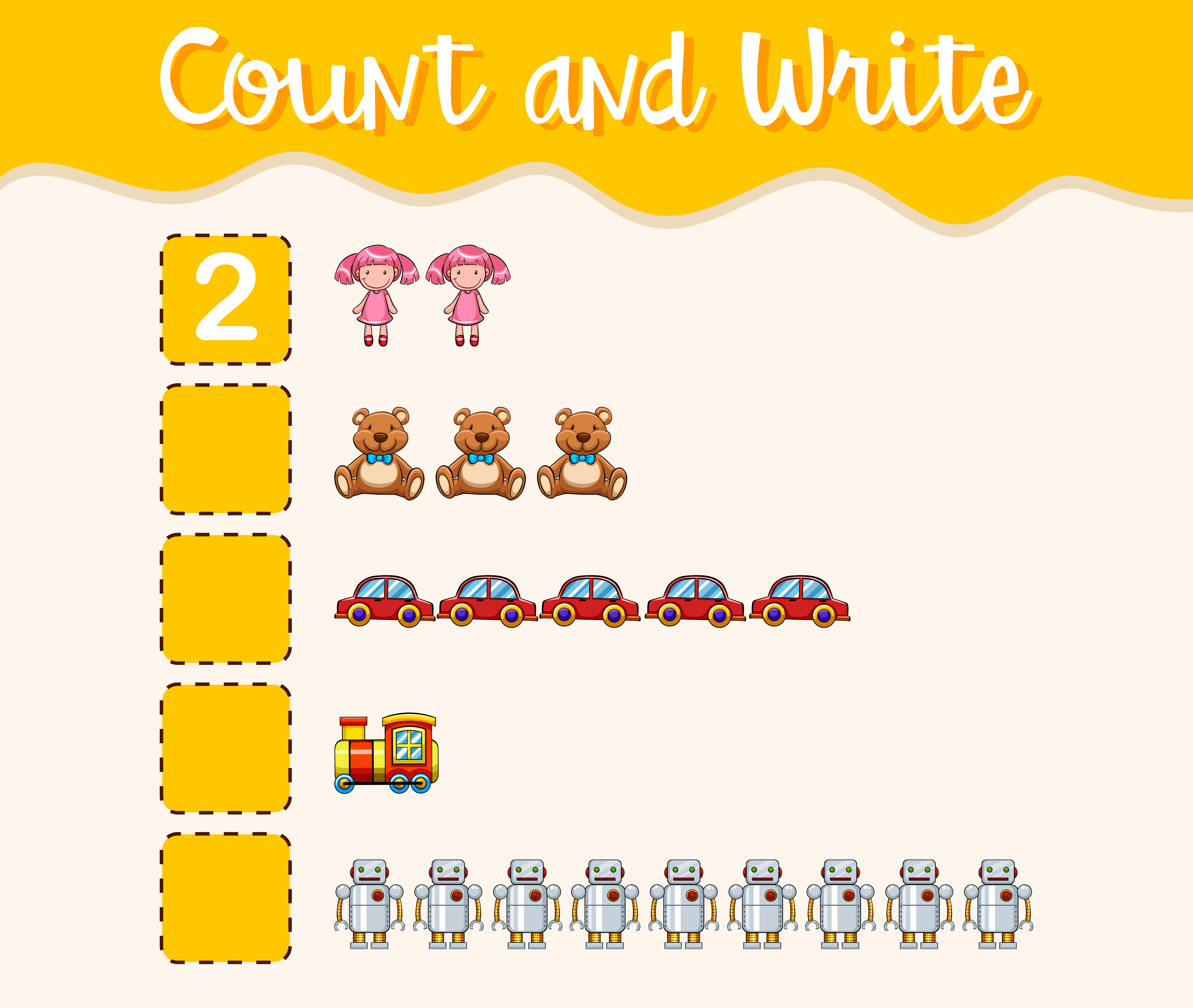 Count and write with different toys 360970 Vector Art at Vecteezy