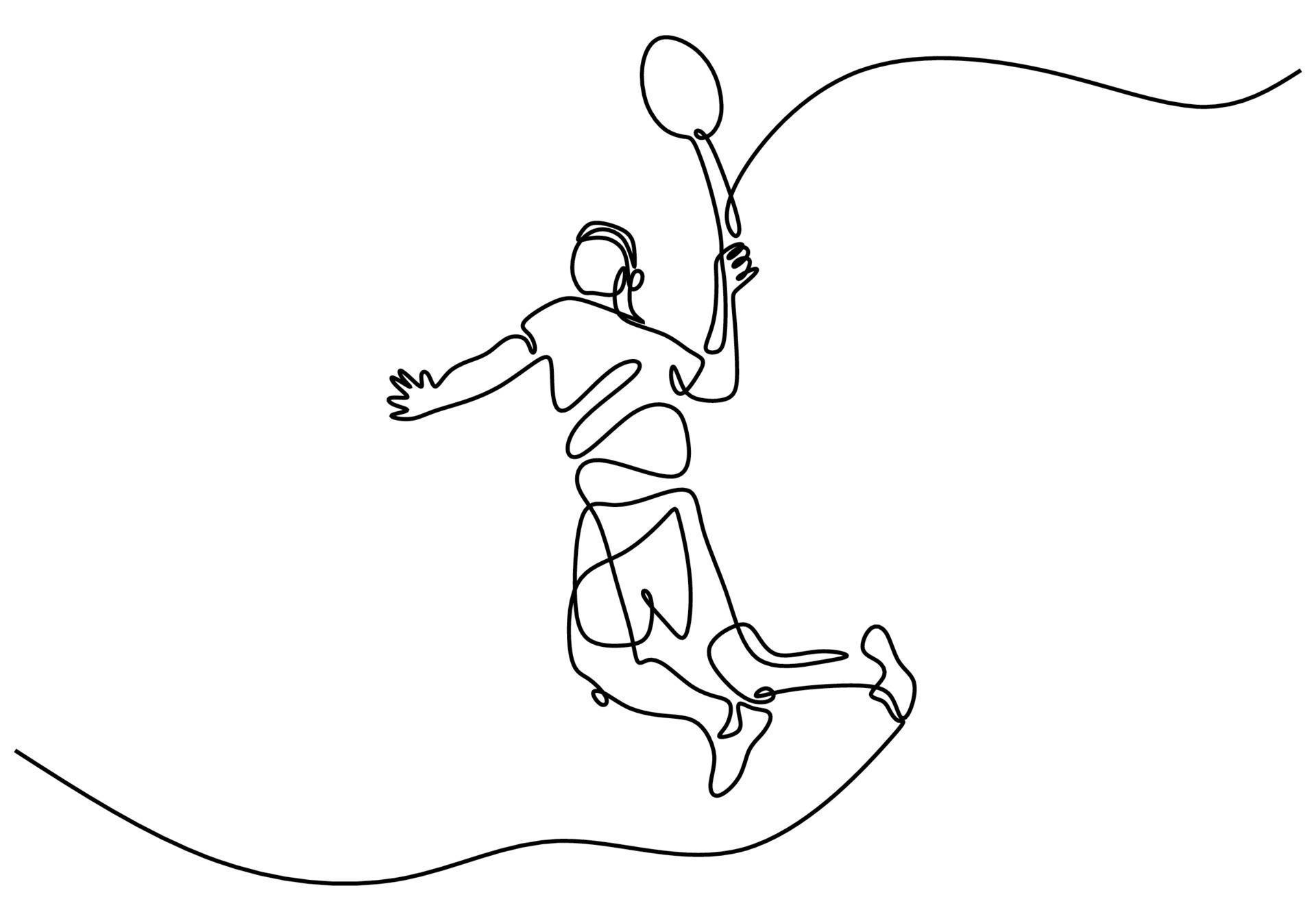 Continuous line drawing of man playing badminton. Character a badminton