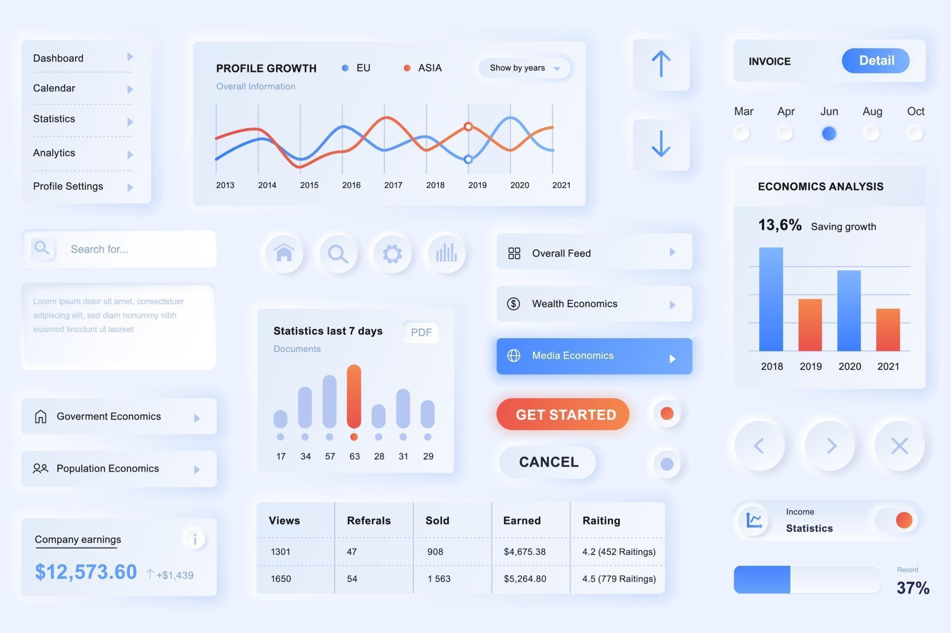 User interface elements for data analysis app neumorphic design UI