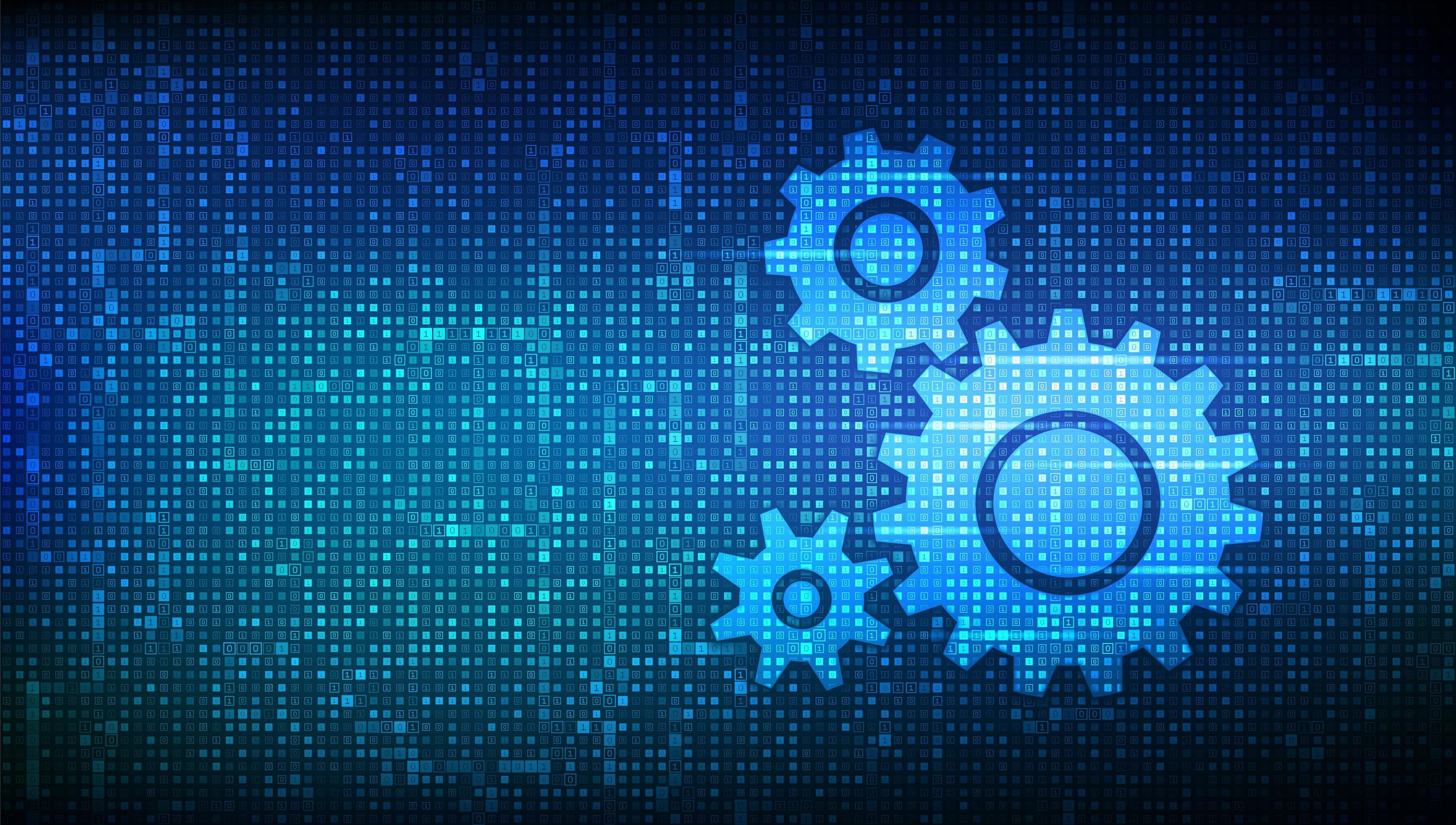 Automation Software background. Gears icons made with binary code. IOT