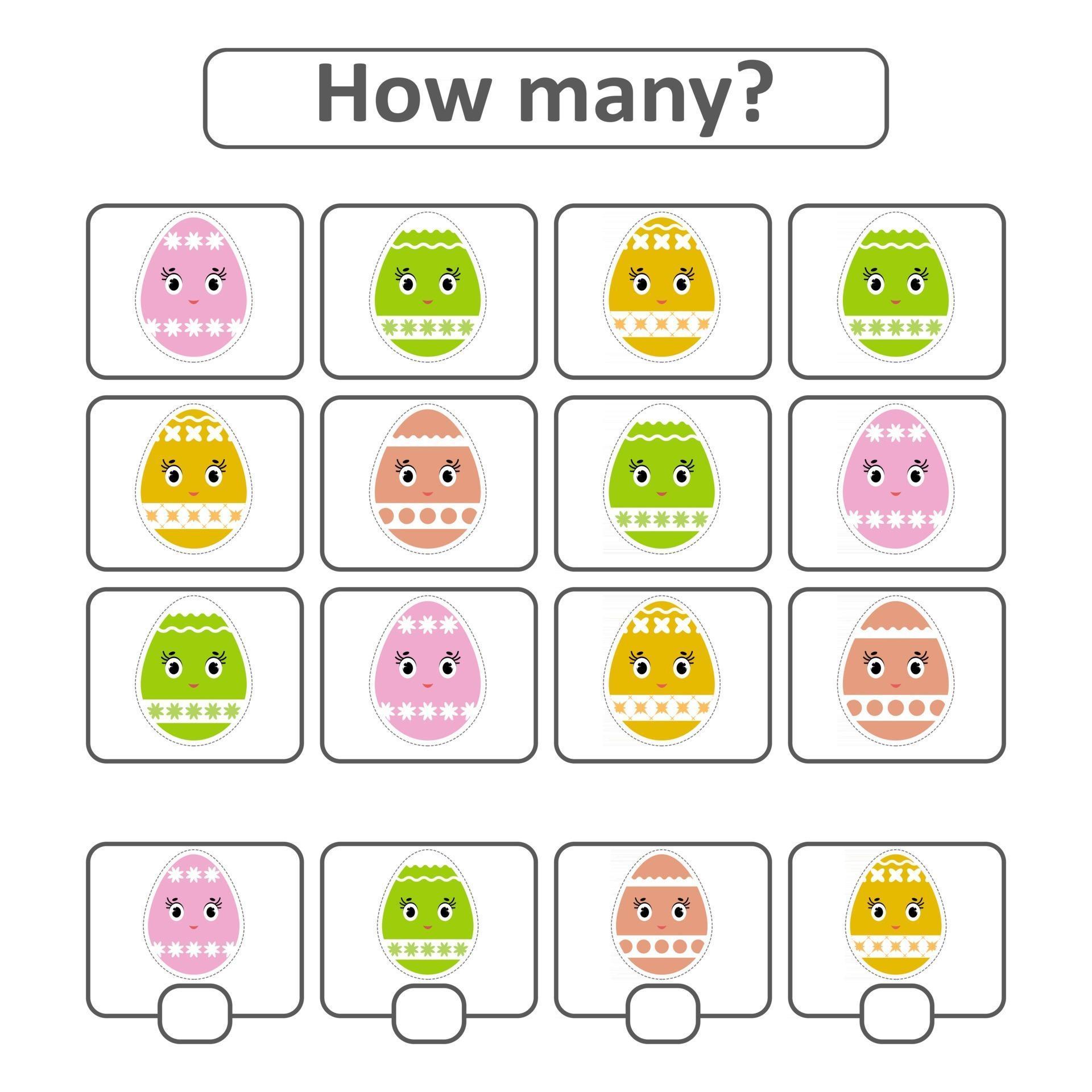 Game for preschool children. Count out how many Easter eggs in the