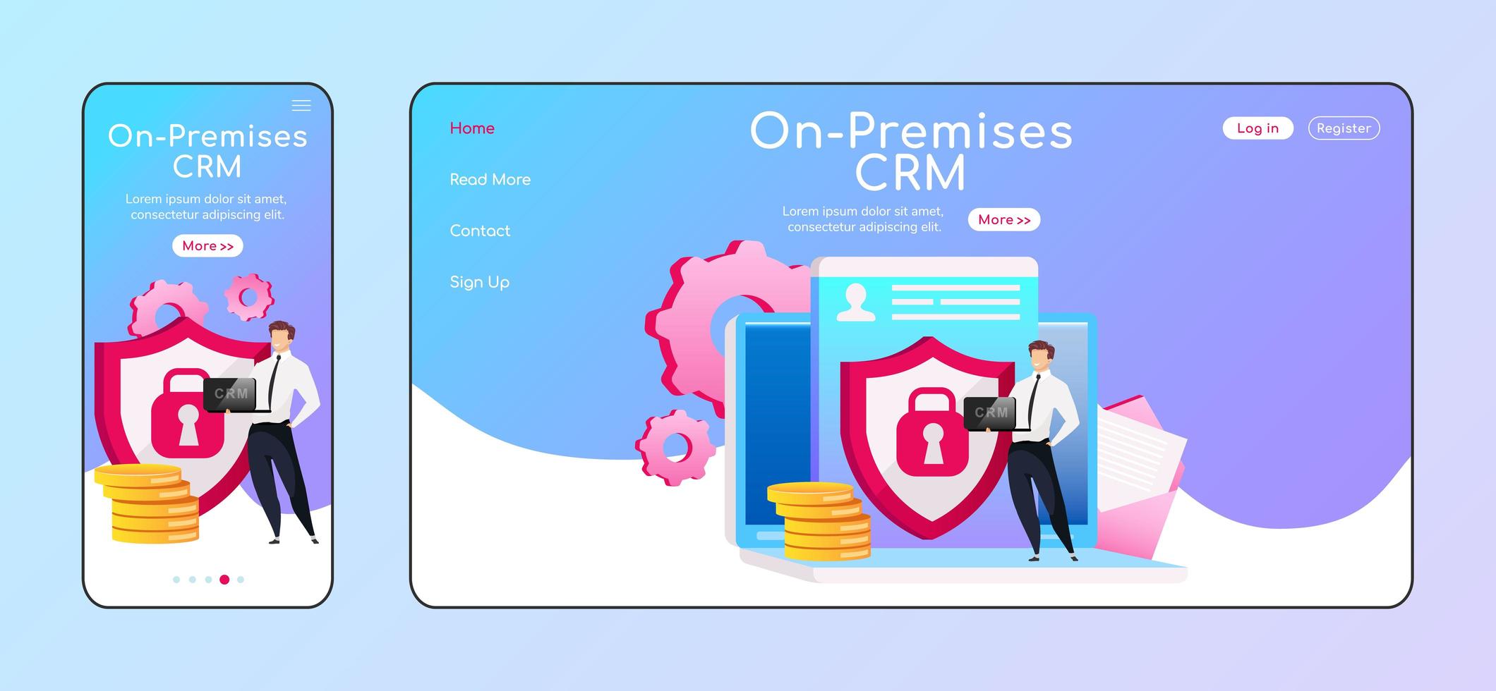 On premises CRM adaptive landing page flat color vector template