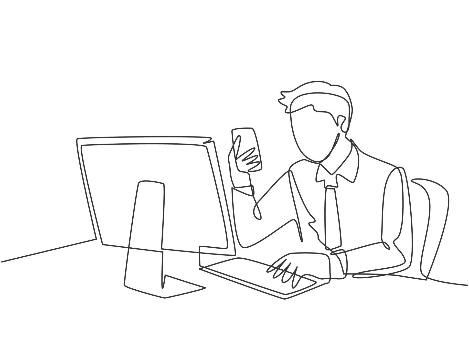 Single continuous line drawing of young manager typing message on