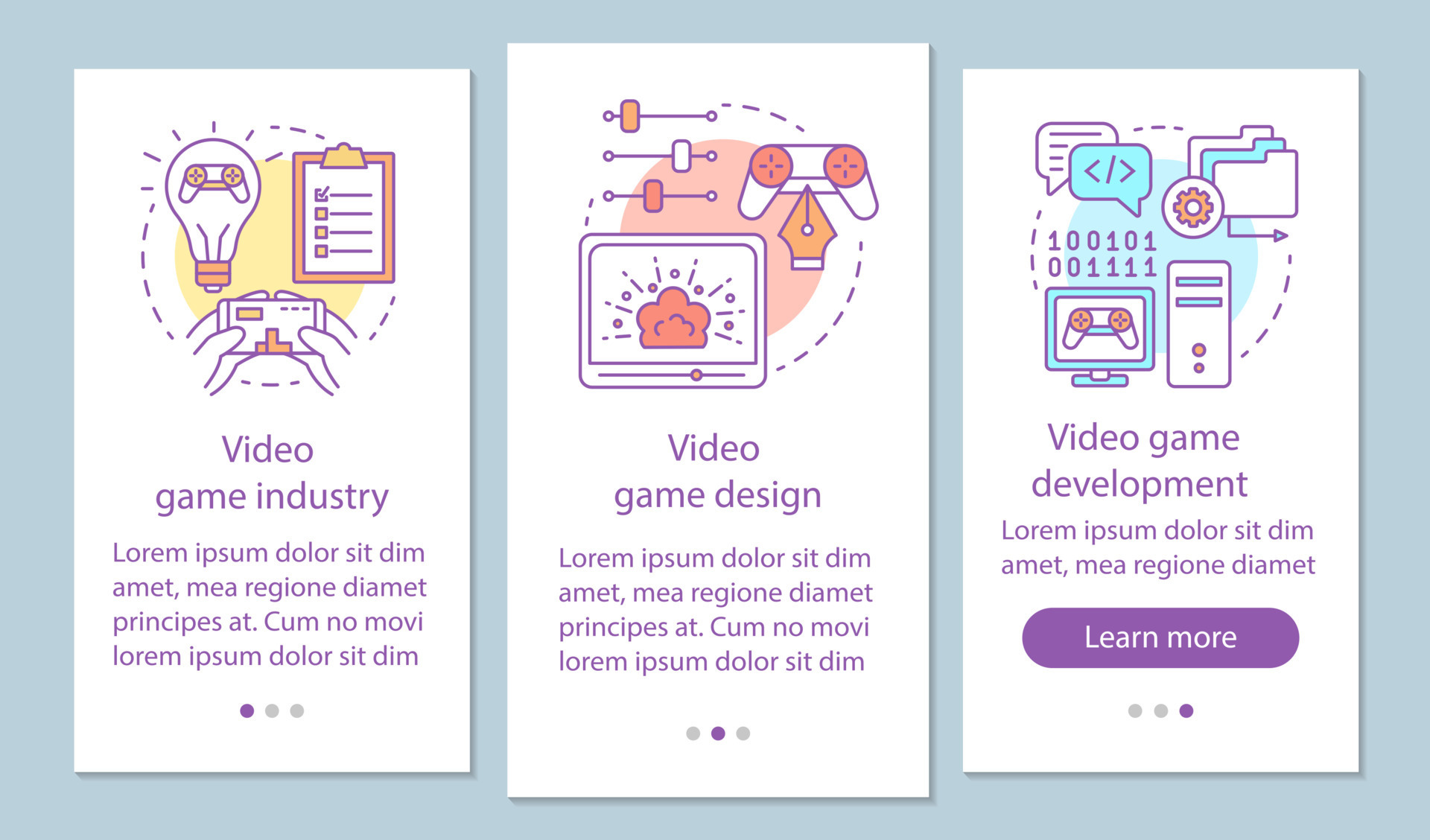 Video game industry onboarding mobile app page screen with linear