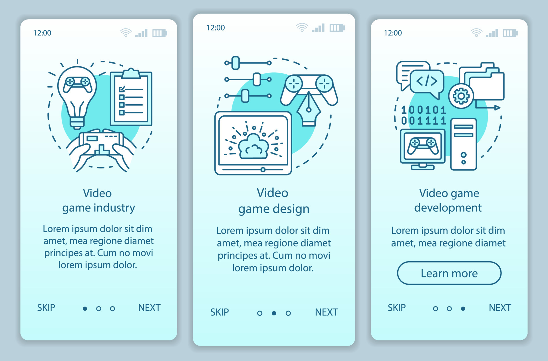 Video game industry onboarding mobile app page screen vector template