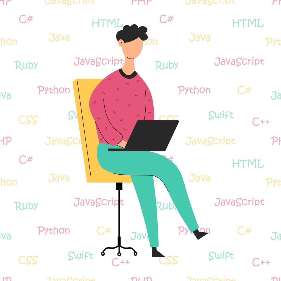 Programmer sits on a chair. Programmer in flat design. Man with laptop