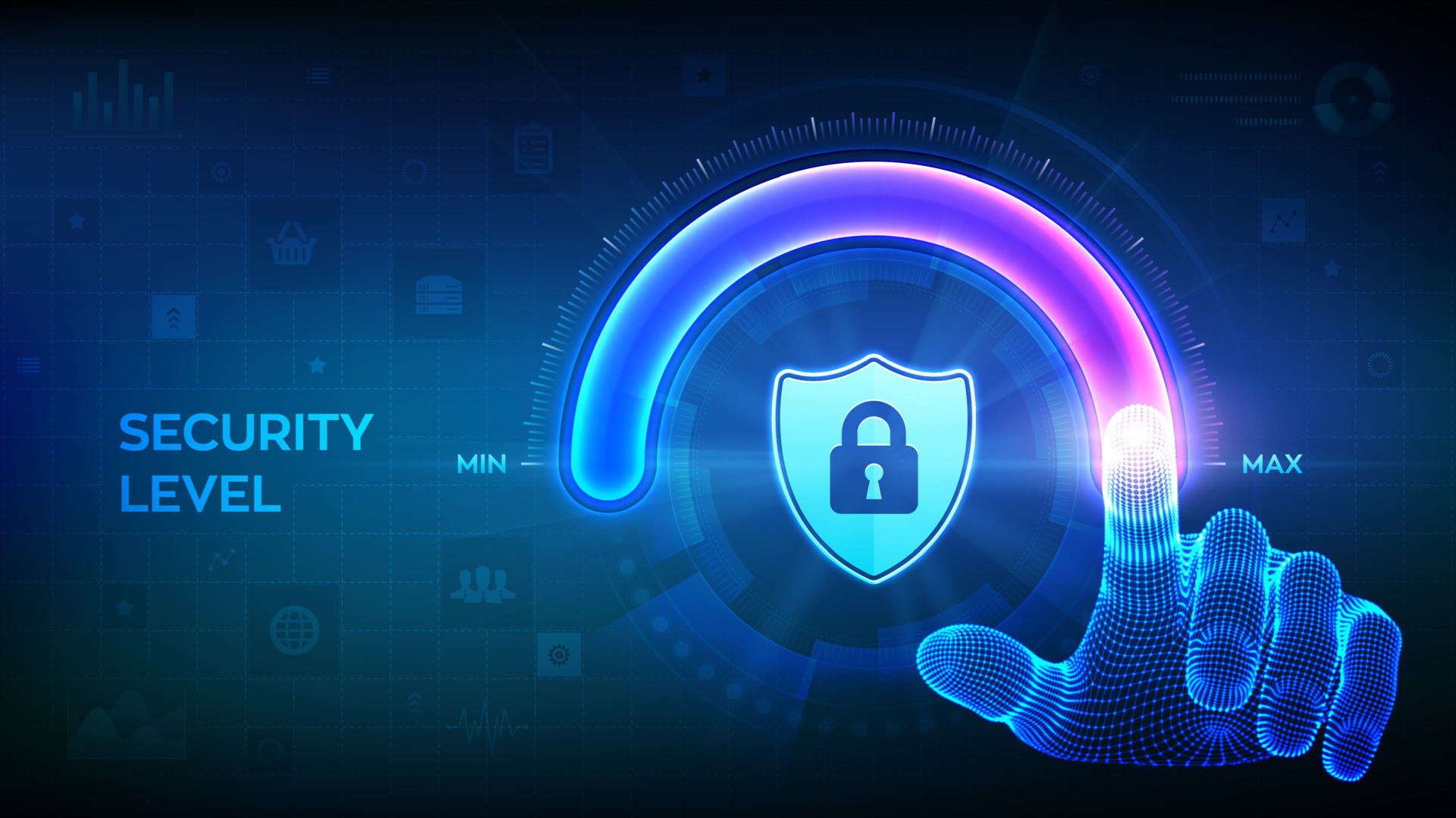 Increasing Security level. Cyber security concept. Wireframe hand is