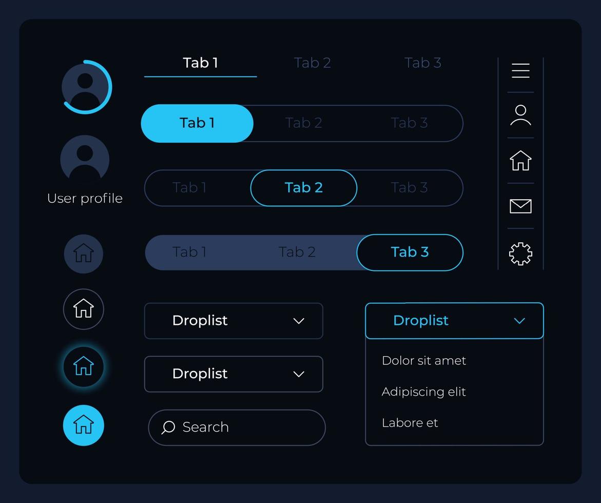 Control panel UI elements kit. Main tabs. Editable isolated vector