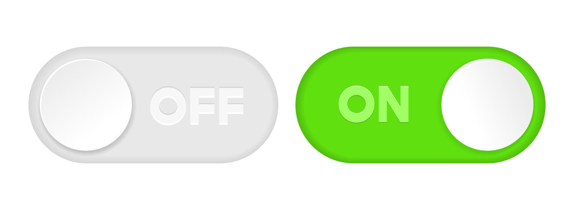 On and Off toggle switch icons. Switch toggle buttons ON OFF. Material