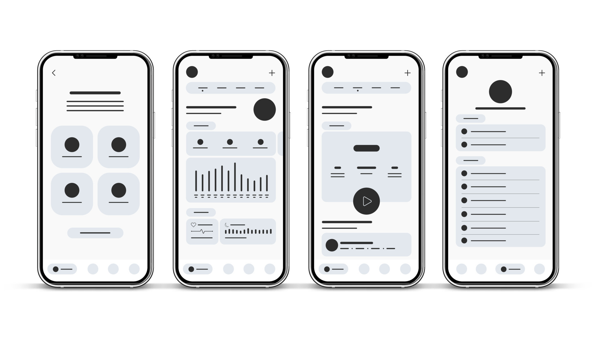 Set of UI UX Wireframes with 3d realistic smartphones, GUI screens any