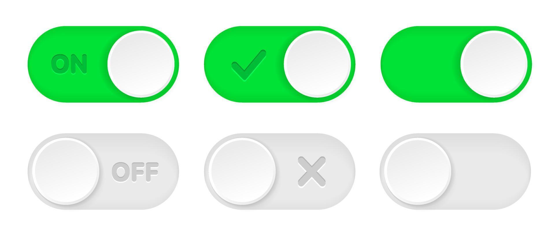 On and Off toggle switch icons. Switch toggle buttons ON OFF. Material