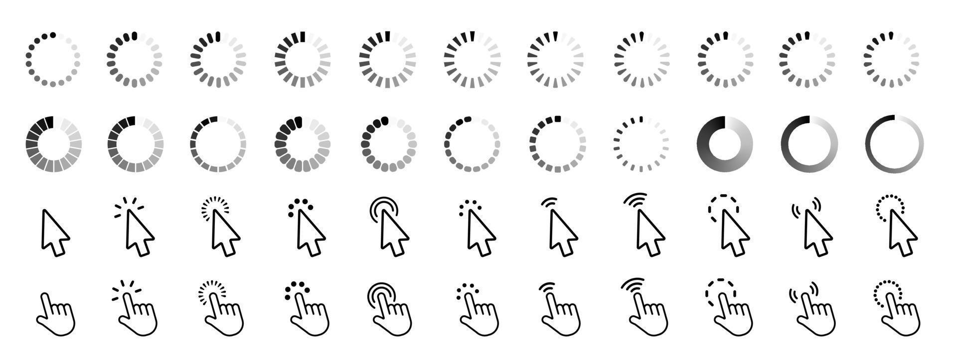 Loading icons. Waiting symbol sign. Pointer click icon. Clicking cursor