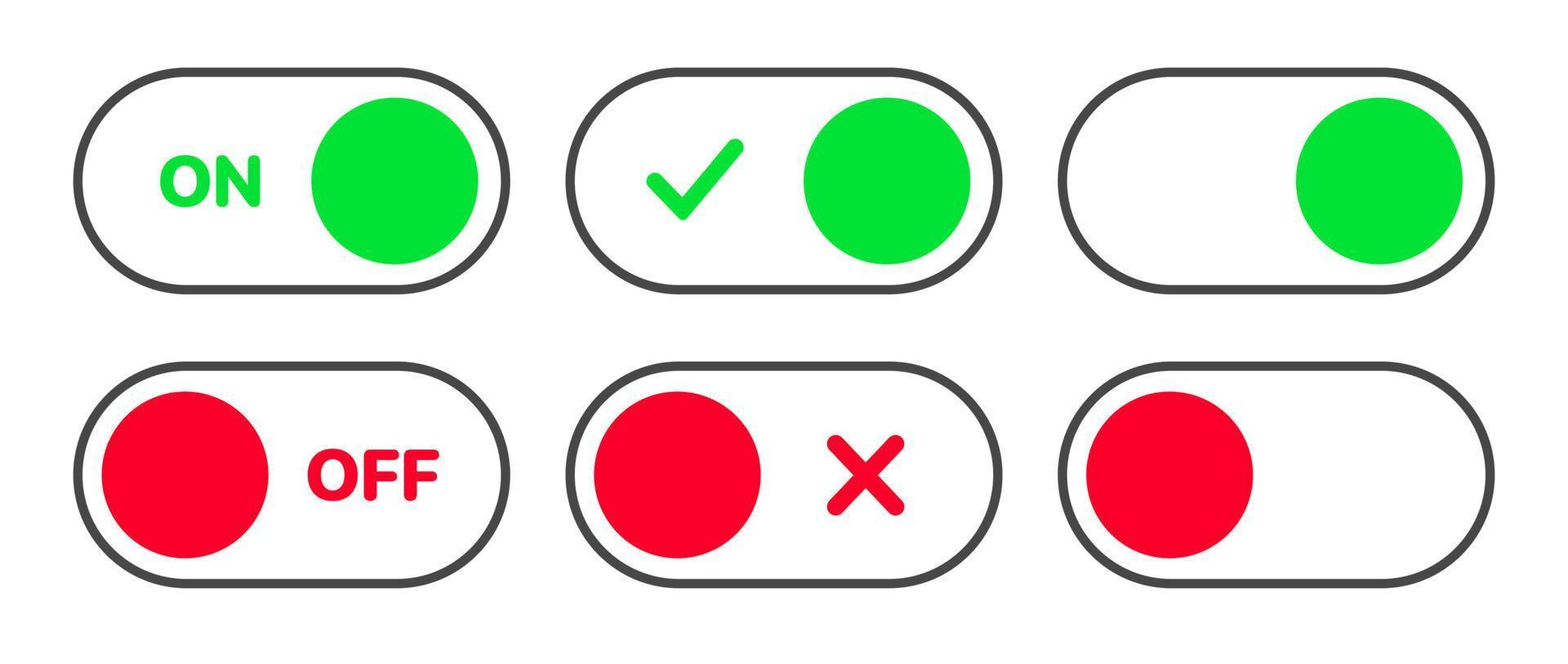 On and Off toggle switch icons. Switch toggle buttons ON OFF. Material