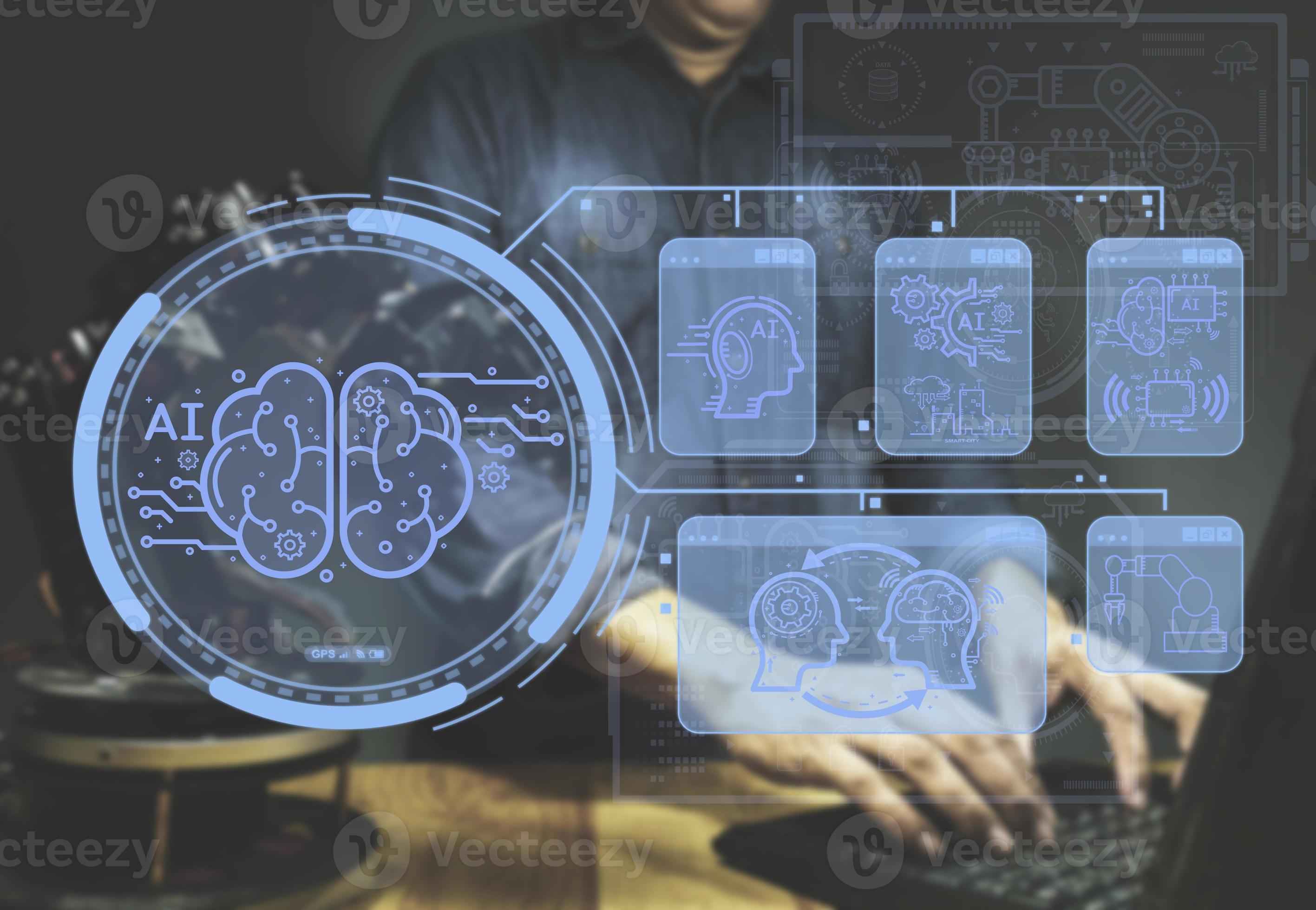 Asian male engineer programmer controlling learning ai robot arm