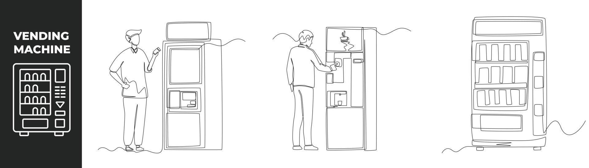 Continuous one line drawing vending machine set concept. Businessman