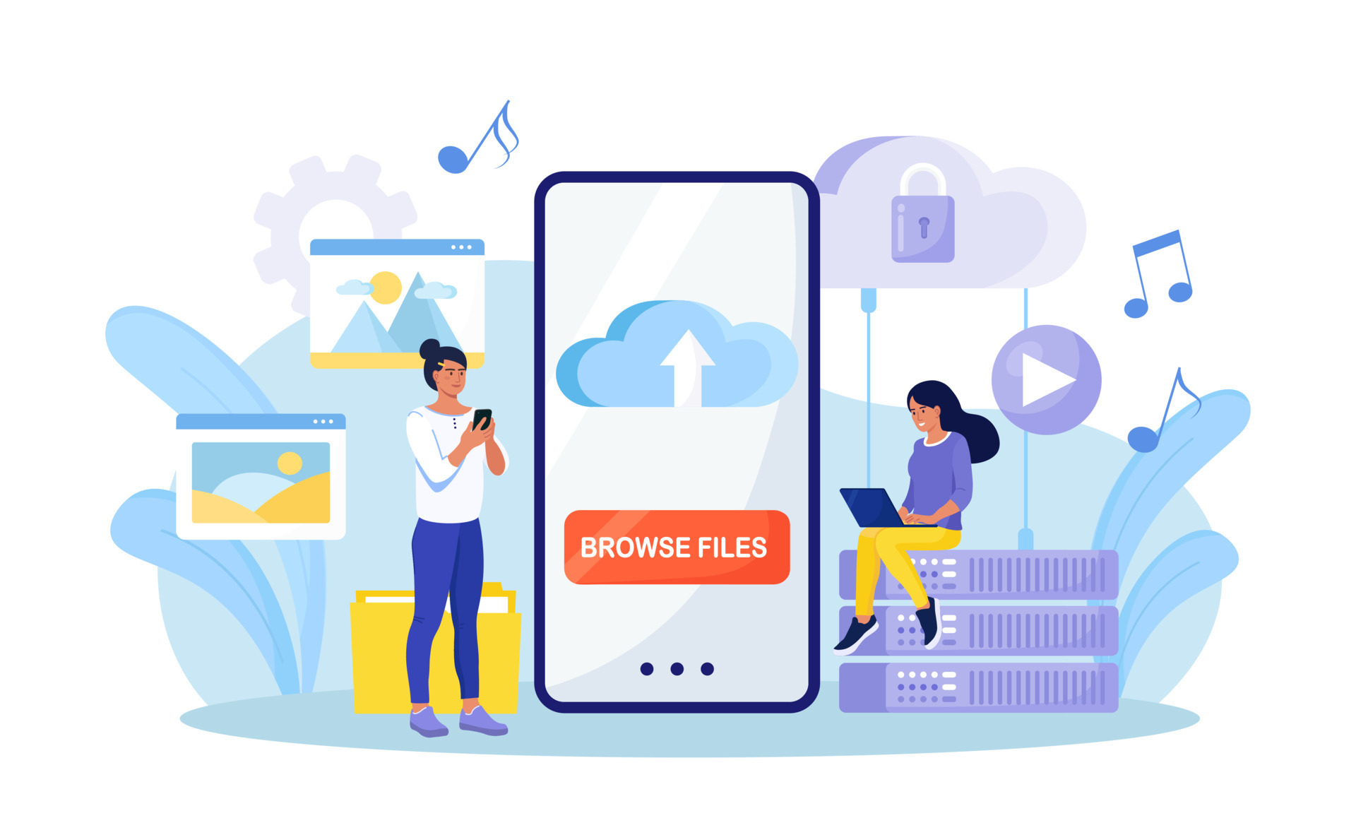 Cloud computing. People storing data on cloud server, processing data