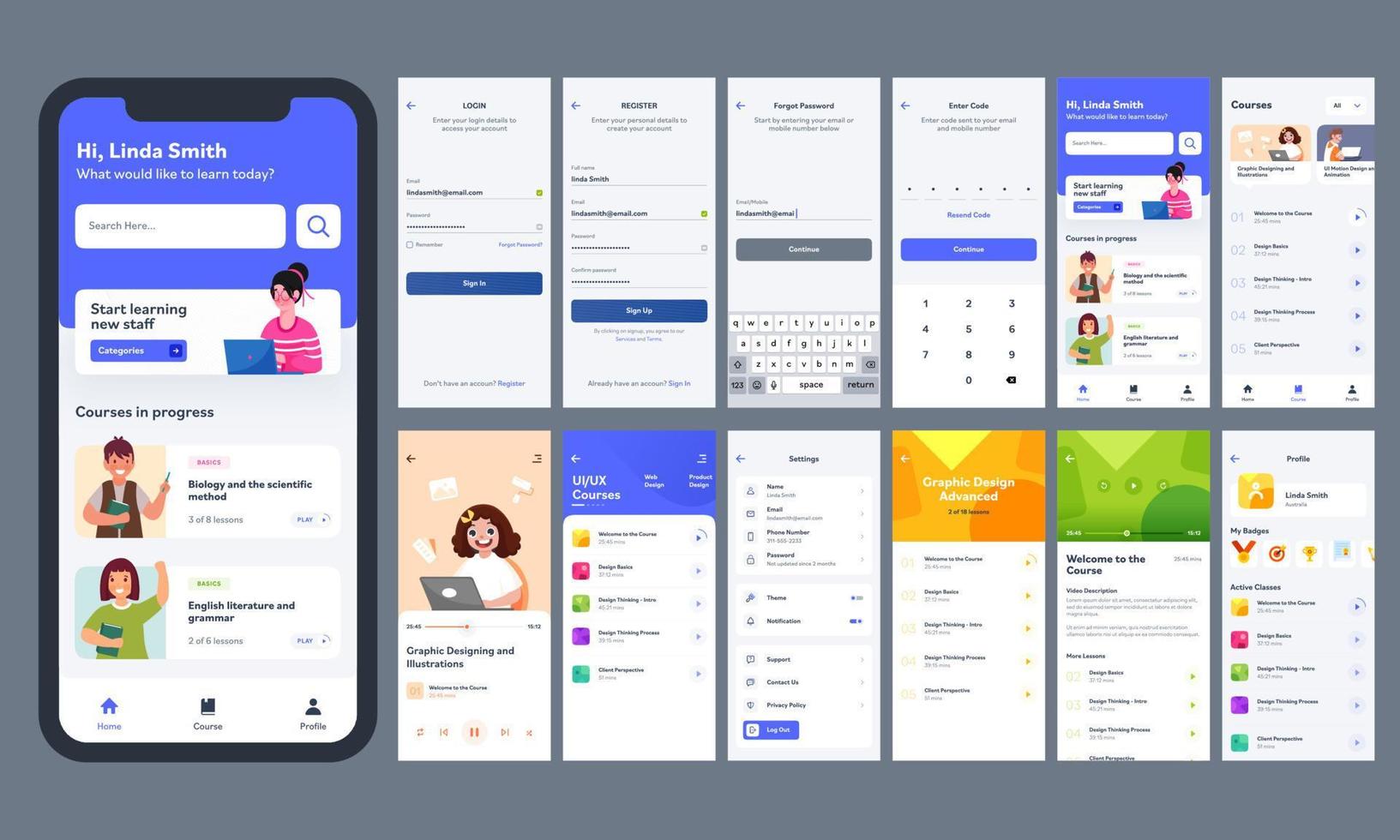 Online Learning Mobile App UI Kit With Different GUI Layout Including Log In, Create Account