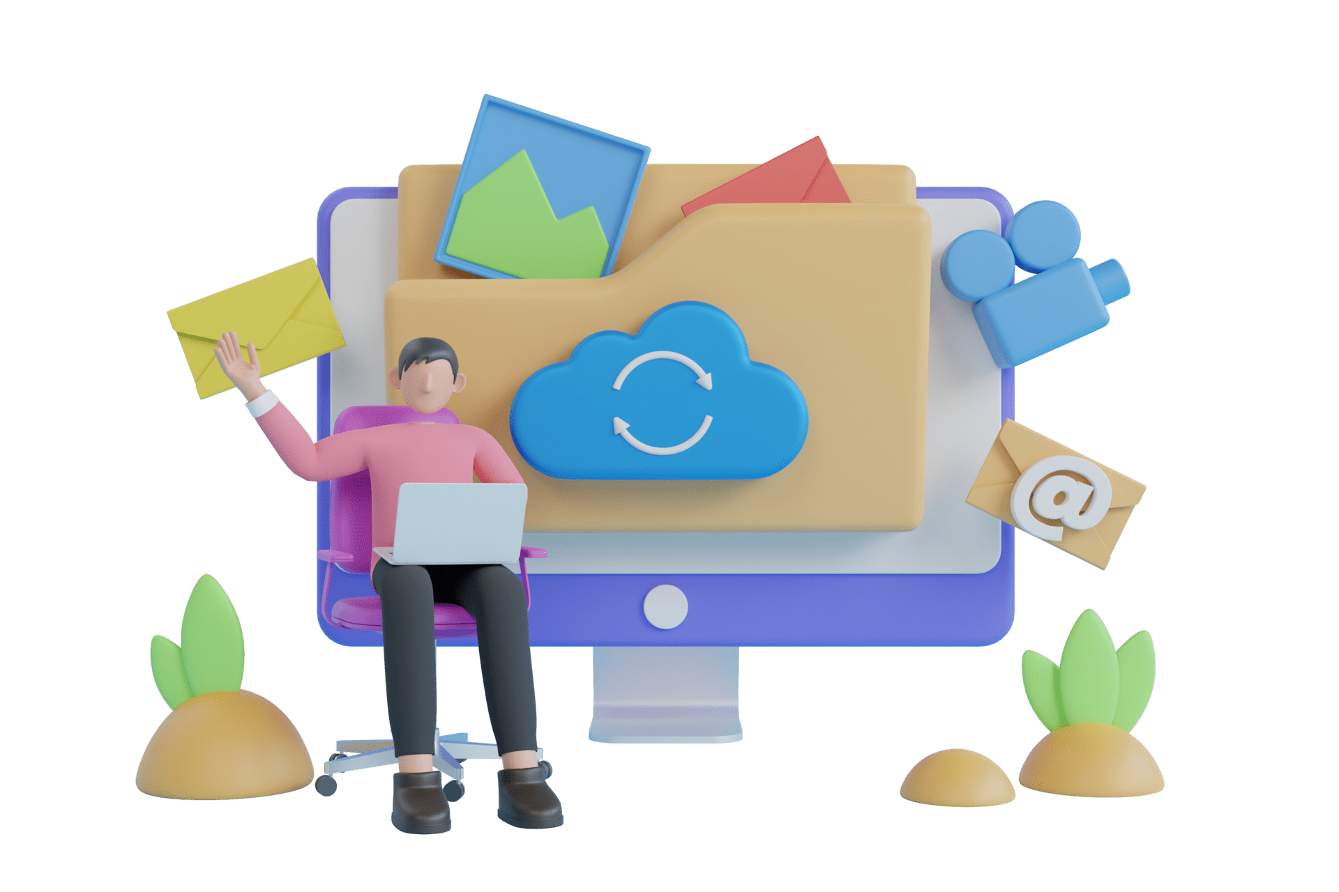 3D Digital file organization service or app with data transfering. Cloud computing upload and