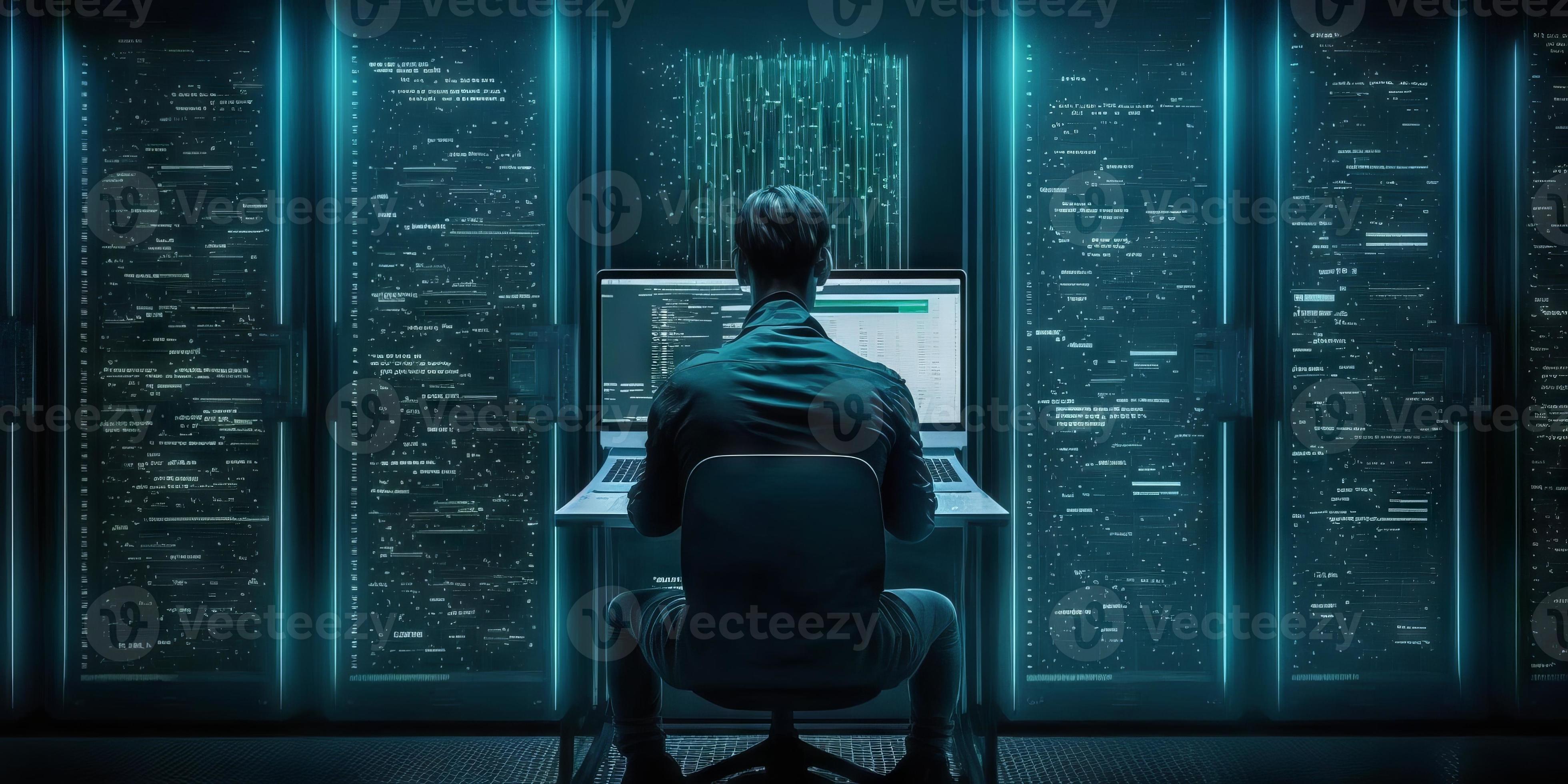 Computer engineer working on laptop computer with server room, data