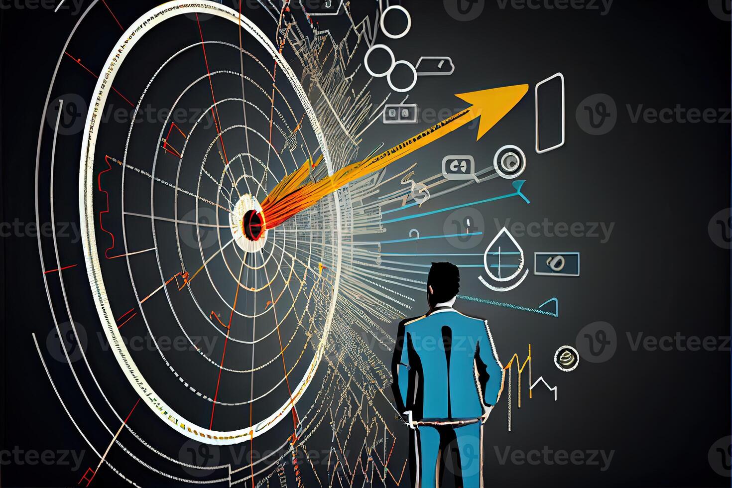 Business and Technology target goals and achievement Businessman draws