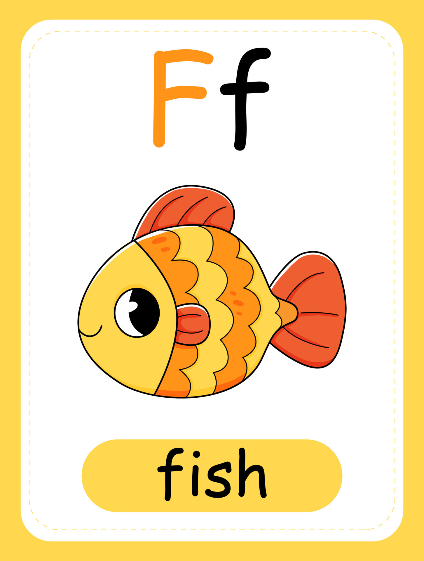 Alphabet card for children with the letter F and goldfish. Educational