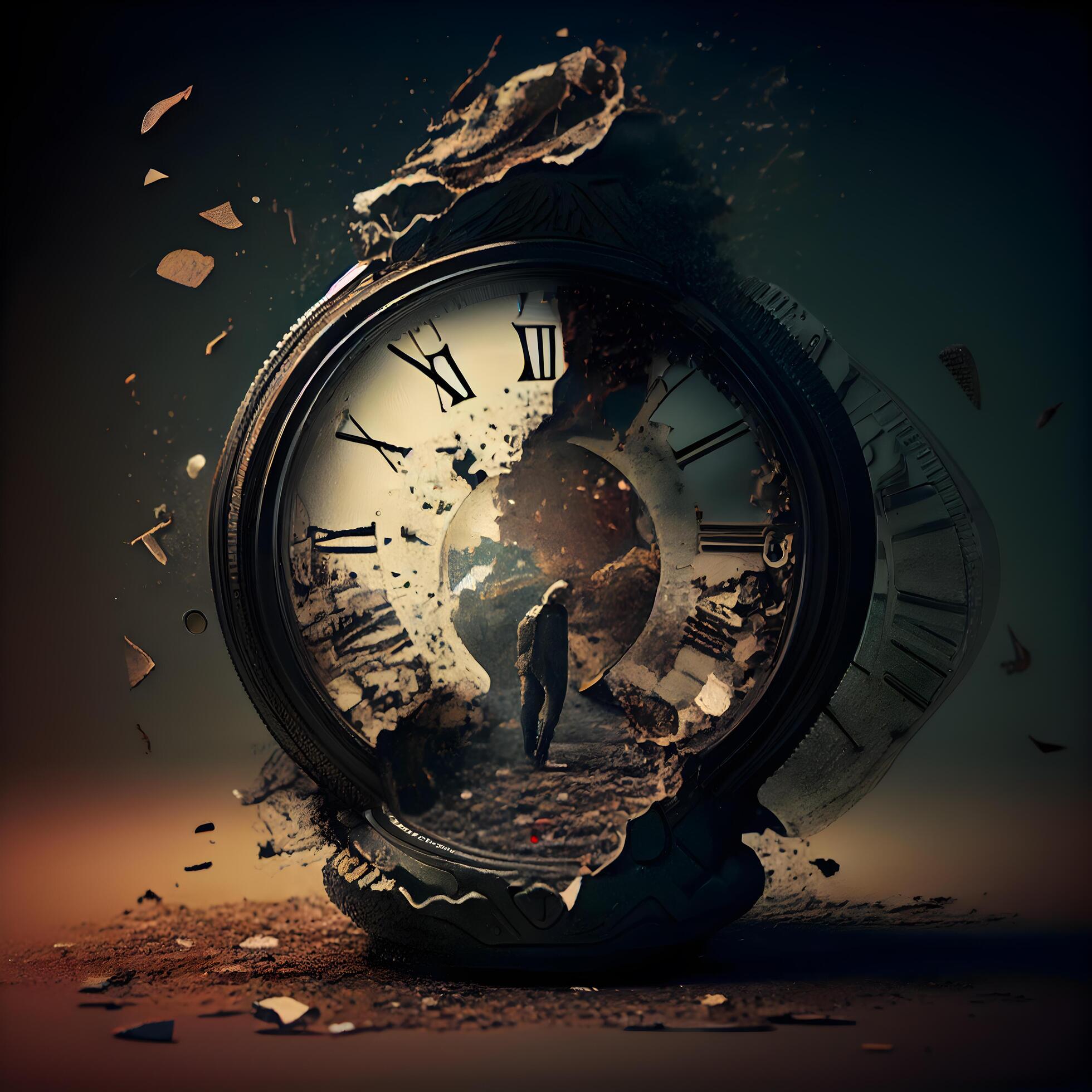 Time concept with old clock and broken glass. 3D Rendering, Image