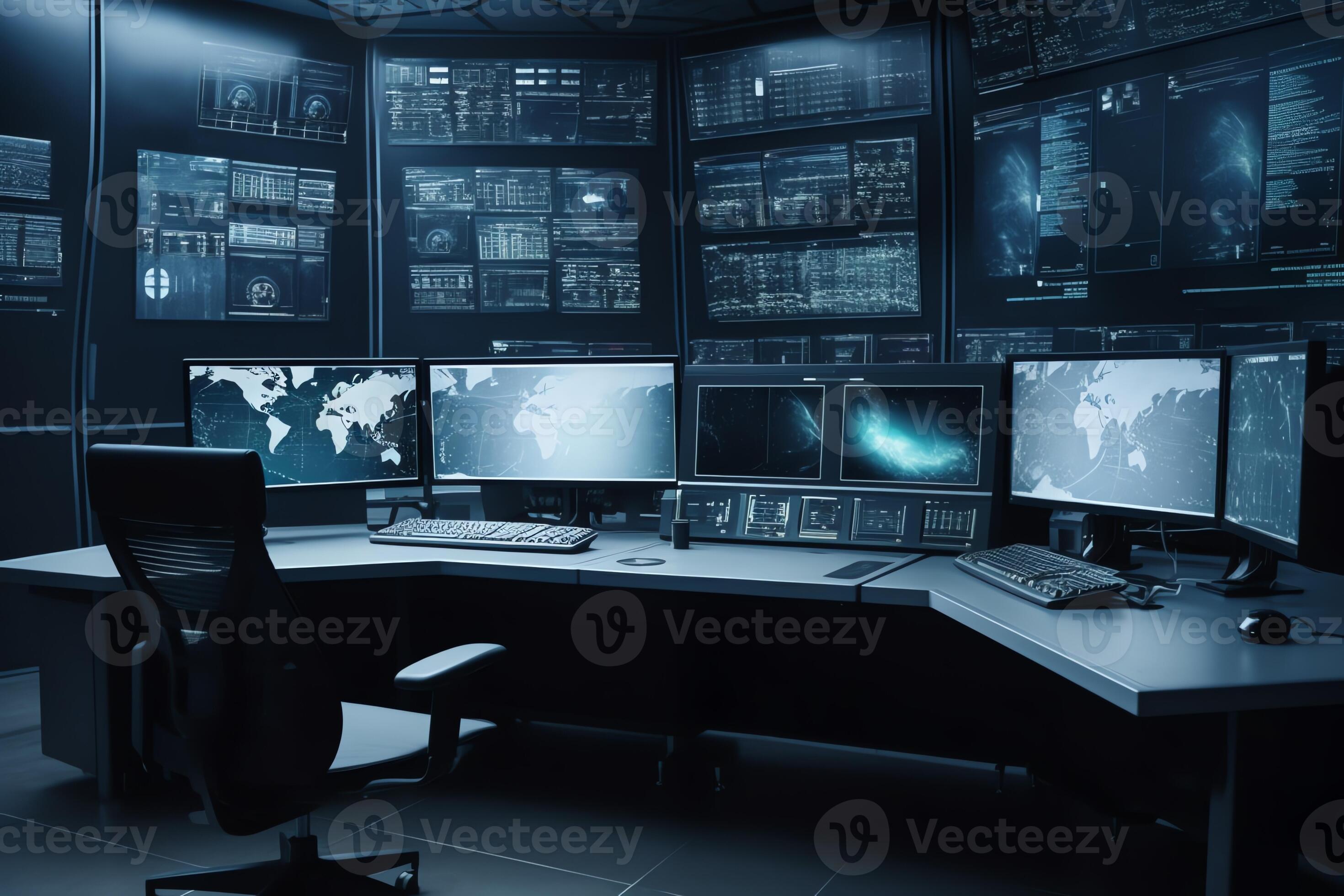 Modern control room multiple personal computer monitors showing coding