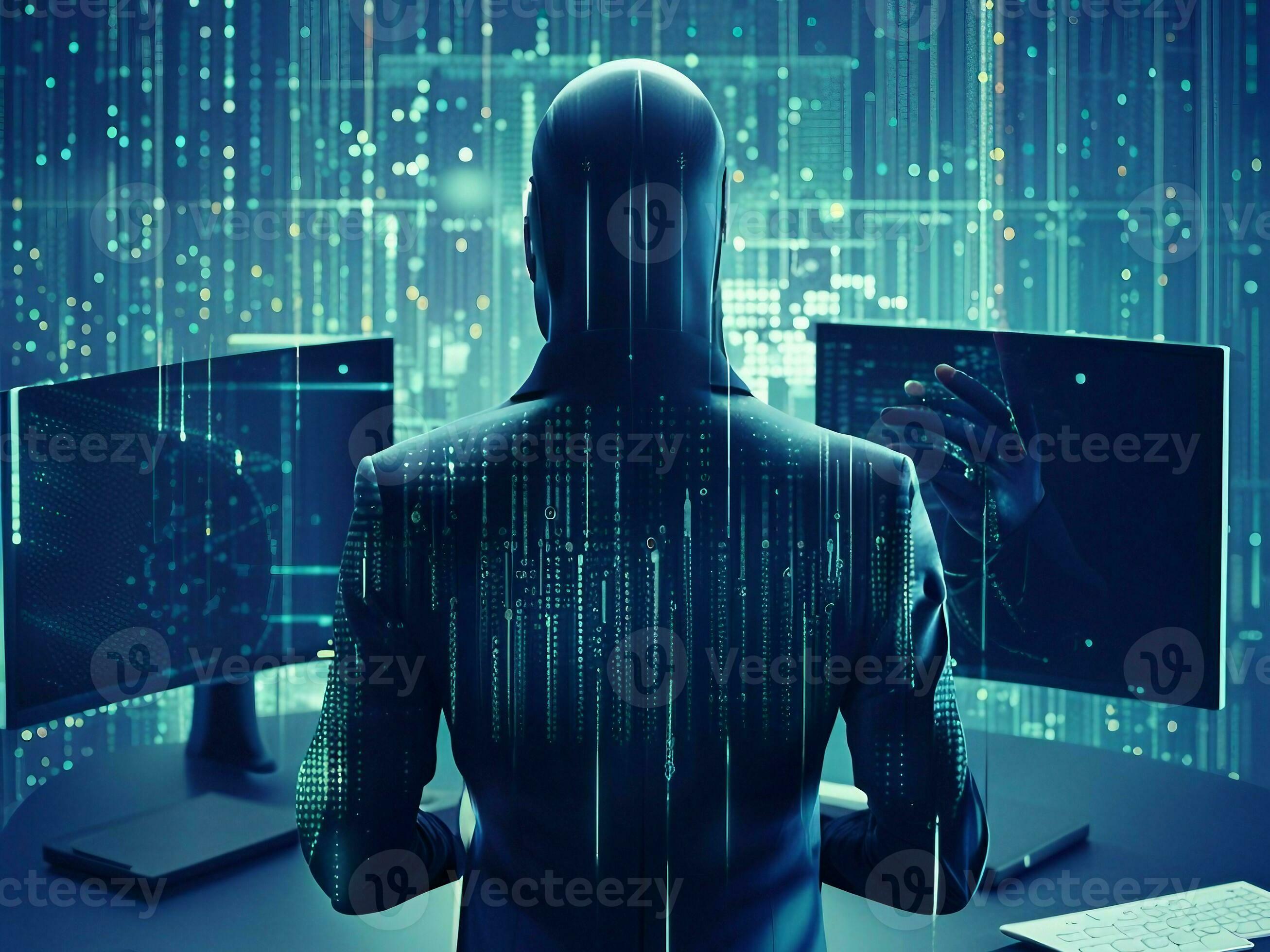 Hooded computer hacker in the shadow with binary codes 26360705 Stock Photo at Vecteezy
