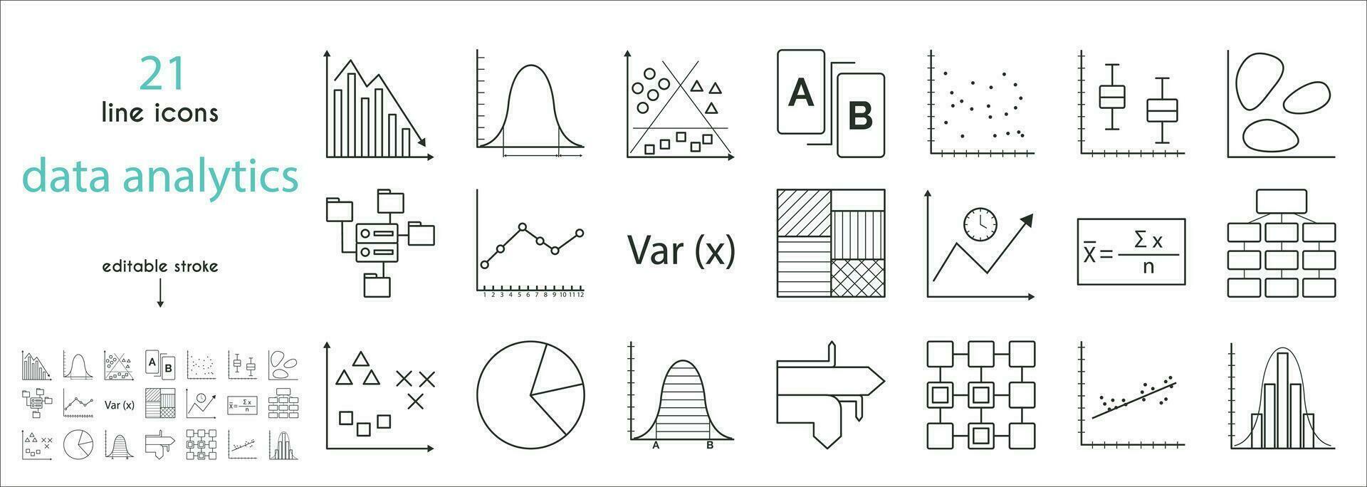 A set of data analytics icons. Linear regression, distribution density
