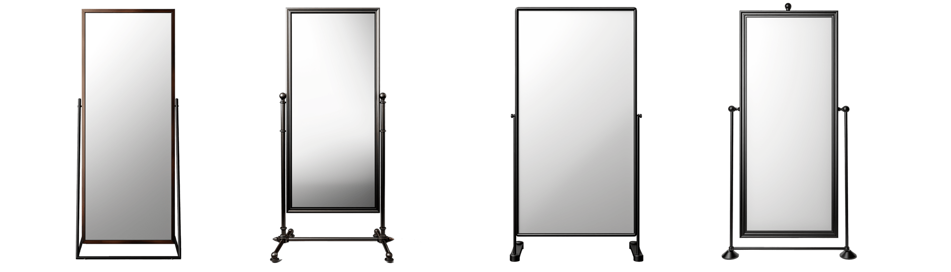 Set of standing mirror with metal frame. Rectangle standing mirror with