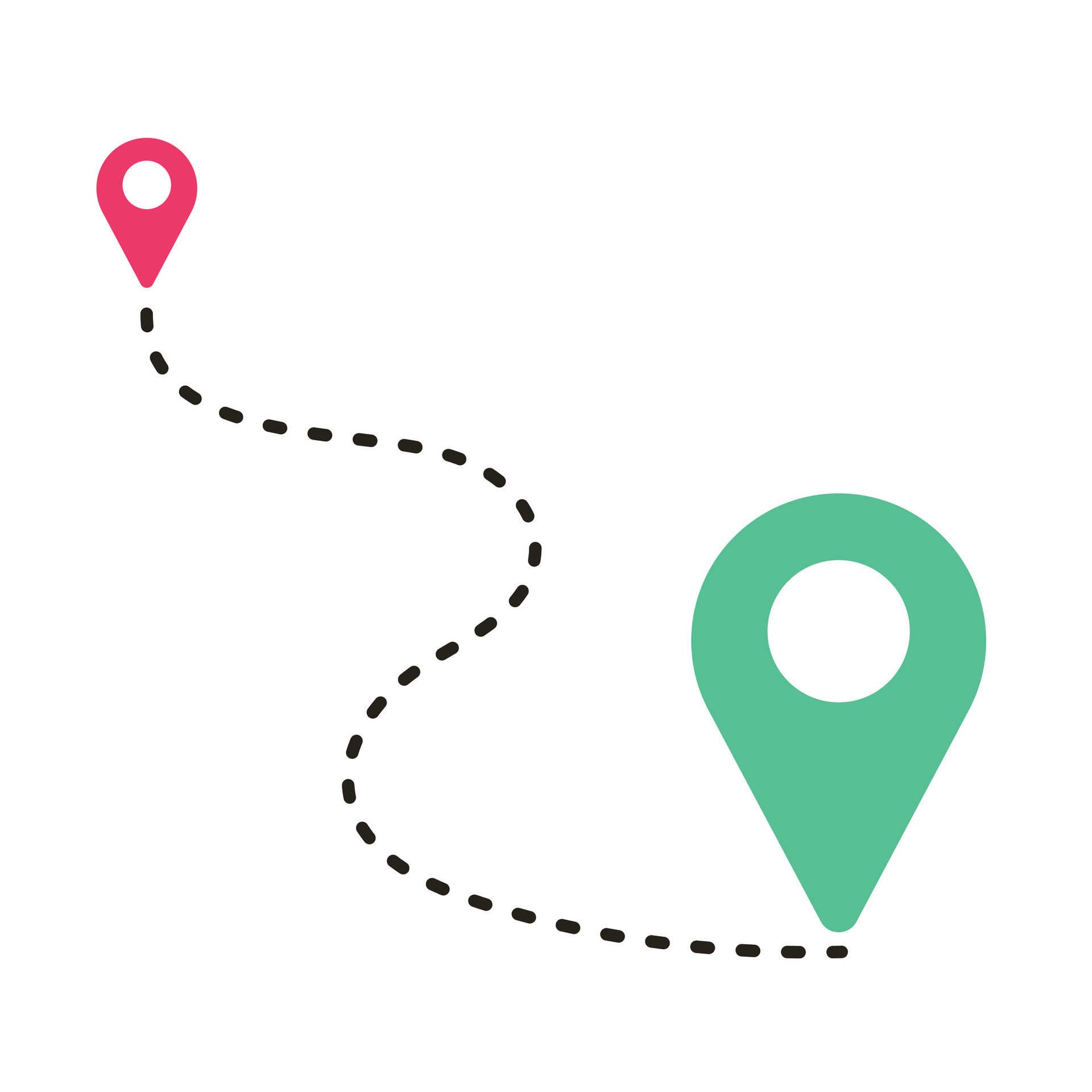 Navigation pointers and destination sign pin map dotted line. Path start and end symbol vector