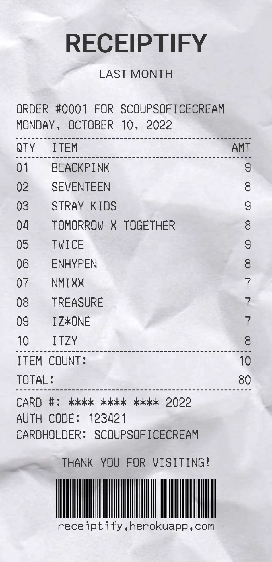 My receiptify top artists of last month bc it's a trend now? Fandom