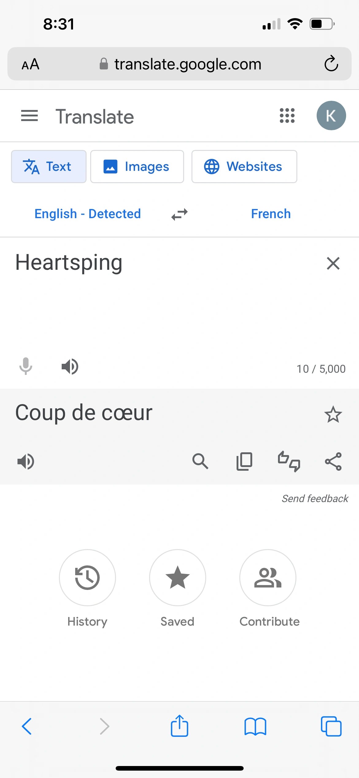 Heartsping in French Google Translate Fandom