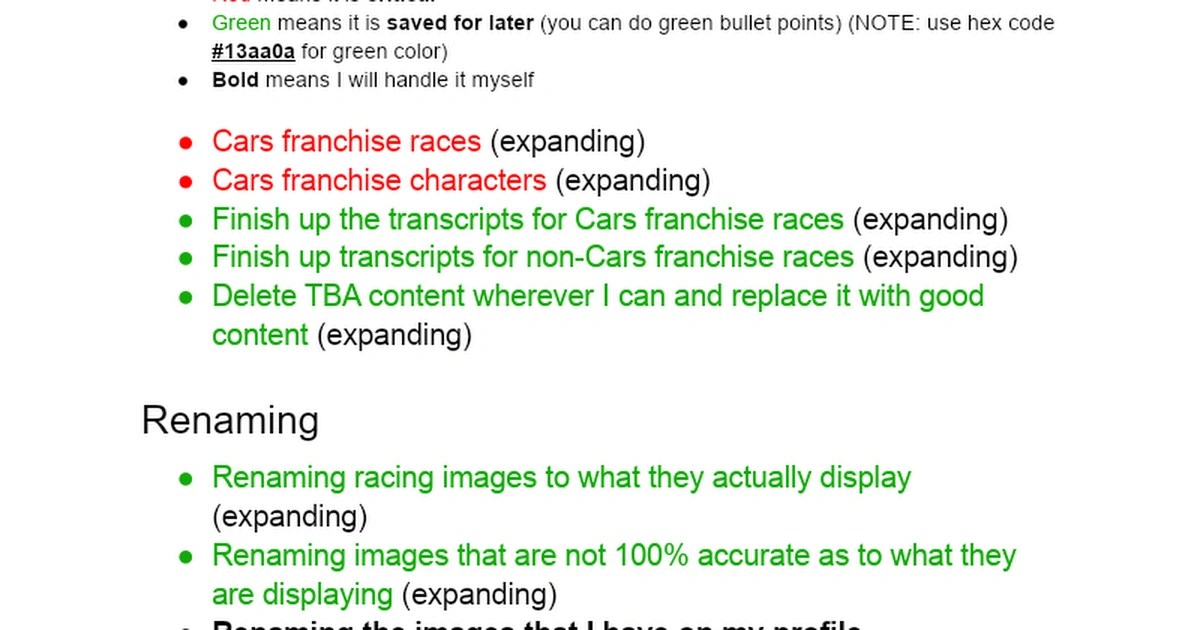 Google doc listing the tasks I personally want to be resolved. Please