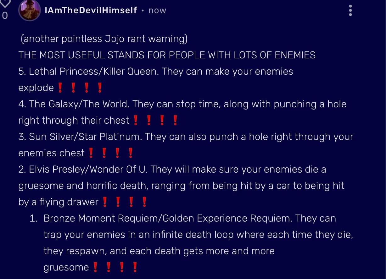 THE MOST USEFUL STANDS FOR PEOPLE WITH LOTS OF ENEMIES (from my limited