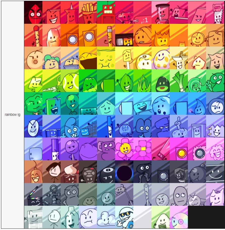 Weeg's icons (BFDI chars) in rainbow order based on the background