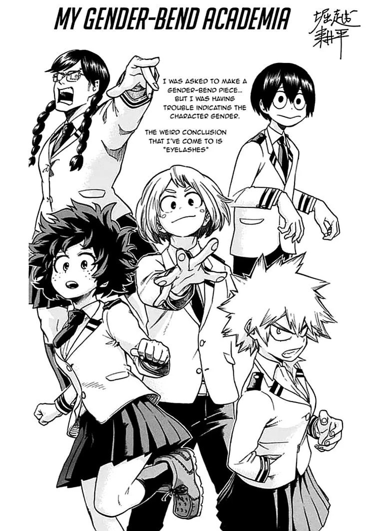 Genderbent MHA characters illustration by Kohei Horikoshi for My Hero