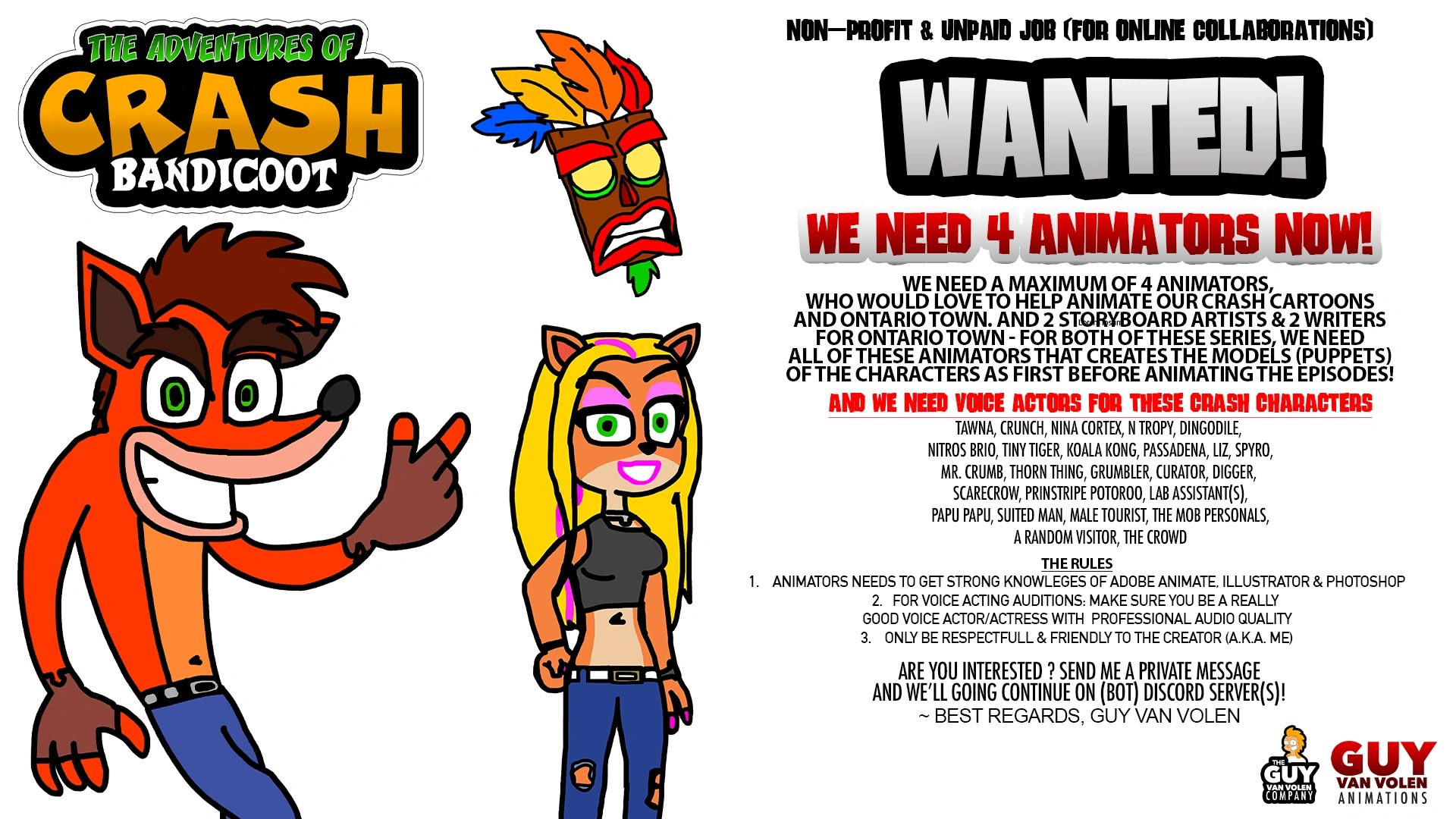 Auditions The Adventures of Crash Bandicoot (Animators & Voice Actors