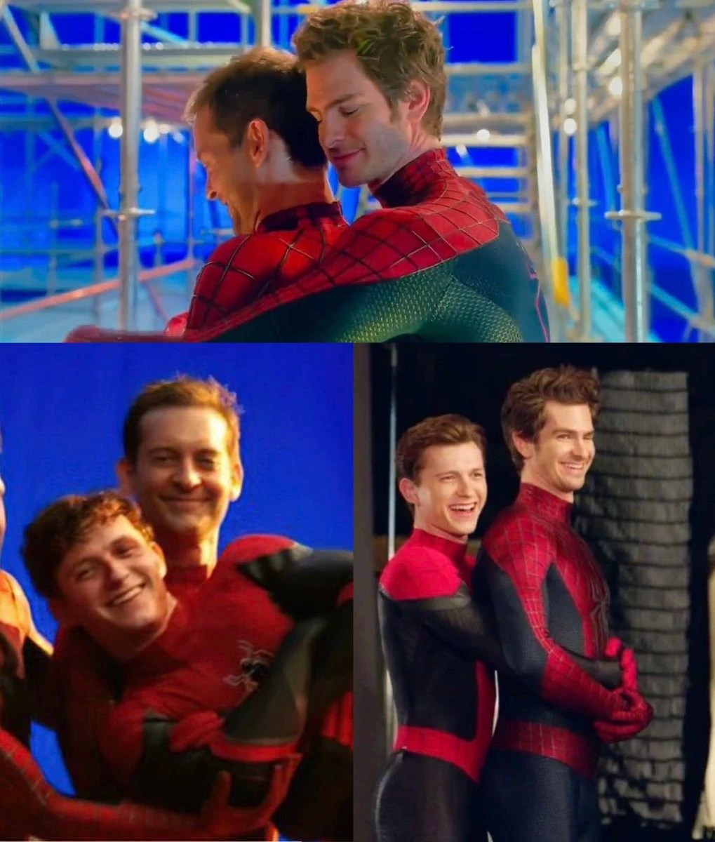 tobey maguire, andrew garfield, and tom holland hugging and being
