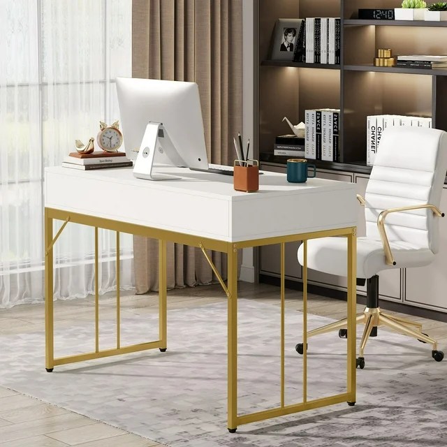 Tribesigns 47" Computer Desk with 2 Drawers, Simple Modern white and