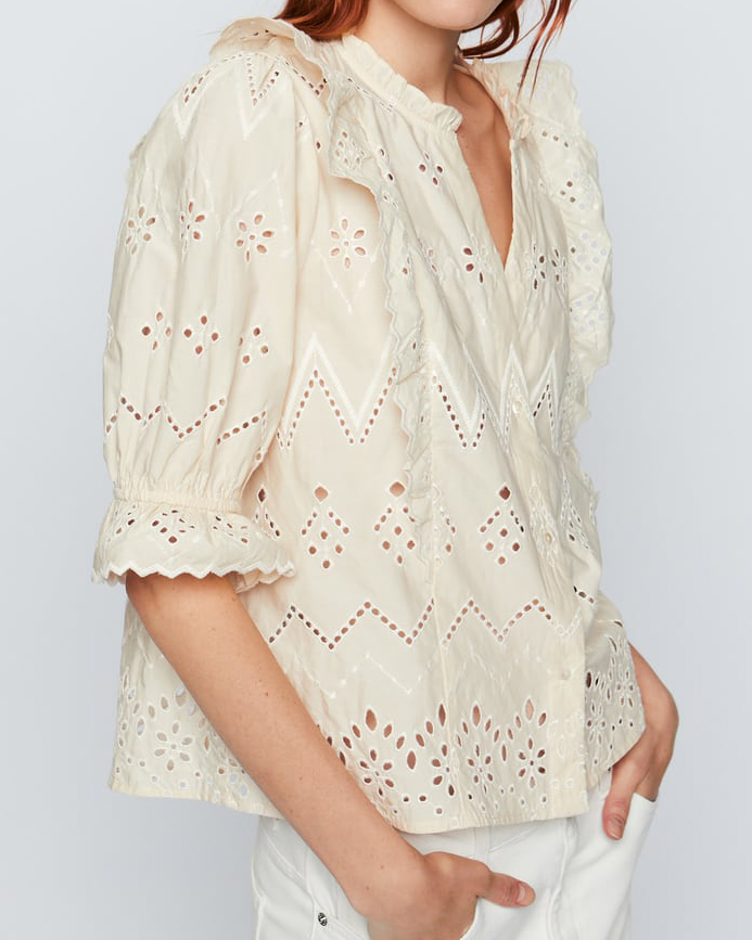 ZARA BLUSE OBERTEIL LOCH STICKEREI PUFFÄRMEL VANILLE BAUMWOLLE S M